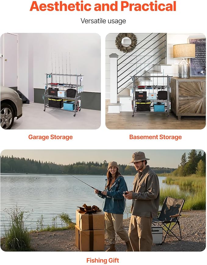 VEVOR Fishing Rod Holder for 15-Rods, Mobile Fishing Pole Rack Cart with Wheels, Fish Gear Equipment Organizer for Garage Home Indoor Use, for Tackle Box Reel Accessories Storage, Gifts for Men