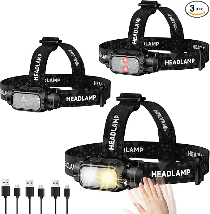 ATDOALL Rechargeable Headlamp for Adults & Hiking, 3 Pack Lightweight & Waterproof Super Bright led Head Lamp with Red Light, Motion Sensor, 5 Modes, 90° Adjustable, Headlamps for Camping, Running