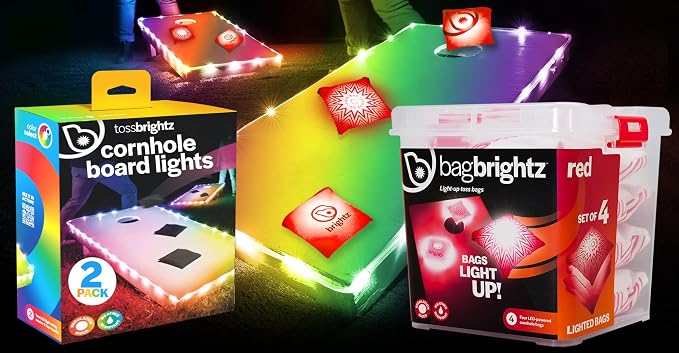 Brightz Cornhole Board Edge Lights with LED Bags - Includes 4-Pack of LED Cornhole Bags + TossBrightz Cornhole Board Edge Lights - The Ultimate Night Time Cornhole Master Set