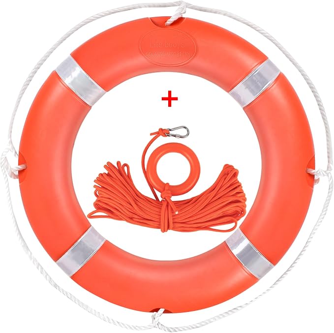 Life Preserver Ring 23"/28", Boat Safety Throw Rings with Bracket, Orange Buoy with Rope 98.5 FT and Reflective Tape for Boat