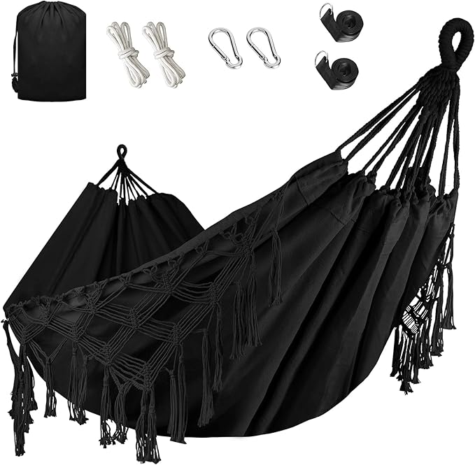 Bellzacasa Double Hammock, Heavy Duty 500 lb Load Capacity Tassels and Fishtail Knitting Portable Camping Hammocks with Mounting Straps for Outdoor Camping Patio Balcony Black