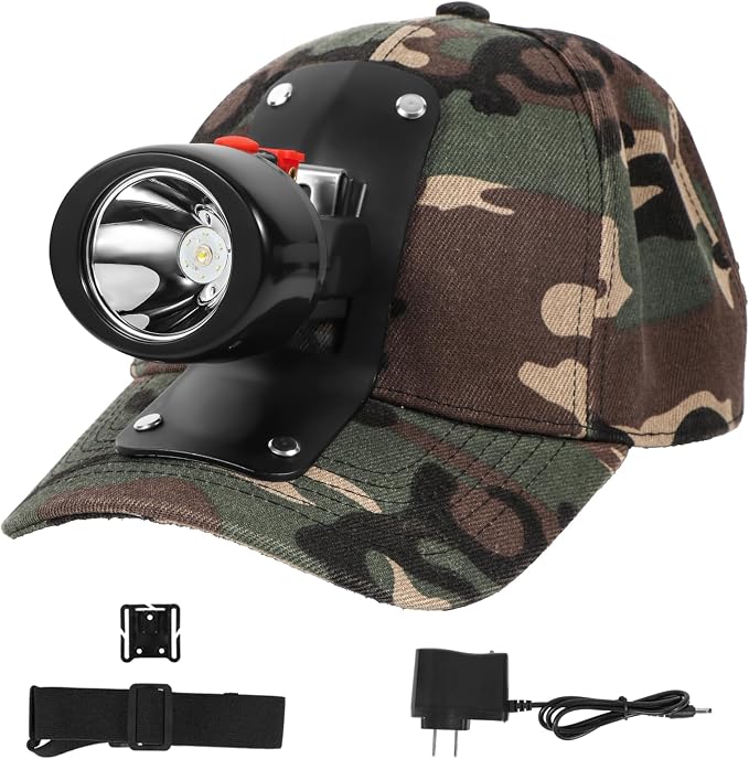 High Lumens LED Mining Headlamp with Hat - Waterproof, Durable, Long-Lasting Rechargeable Headlight, Adjustable Strap, Perfect for Miners Camping Hiking (KL2.8 Black-Red Button with Hat)