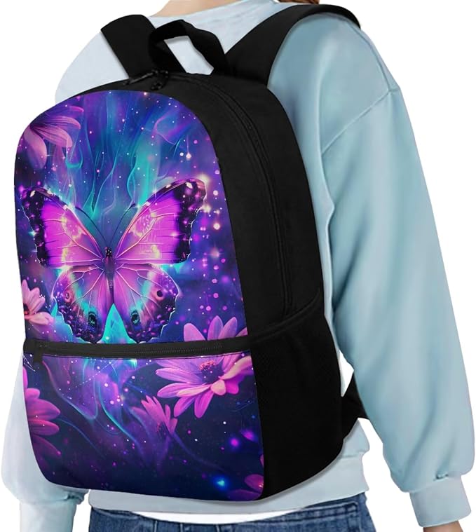 Galaxy Butterfly Backpack for Girls School Bag with Lunch Box Pencil Case Water Bottle Holder 4 PCS Bookbag Casual Boys Daypack Back to School Accessories