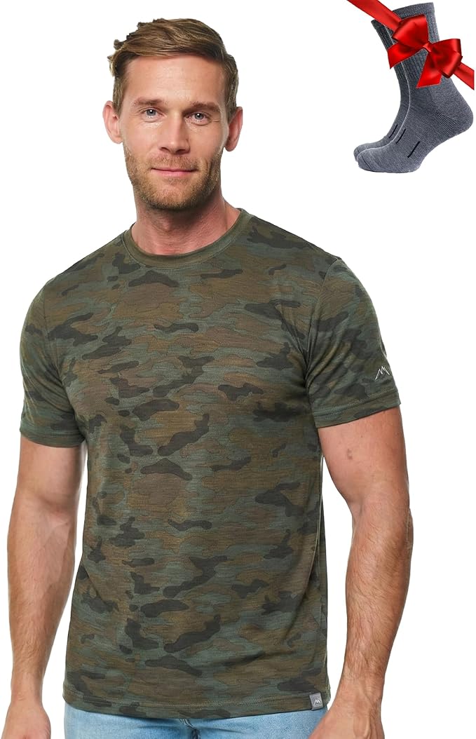 Merino Wool T-Shirt Mens - Merino Wool Undershirt Thermal Shirt for Men and Hiking Socks