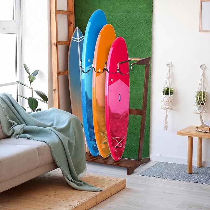 CroBlissful Surfboard Rack Freestanding Vertical Surf Board Stand for 4 Boards Bamboo Display Rack for Shortboard, Snowboard, Skateboard, Ski and Wakeboard