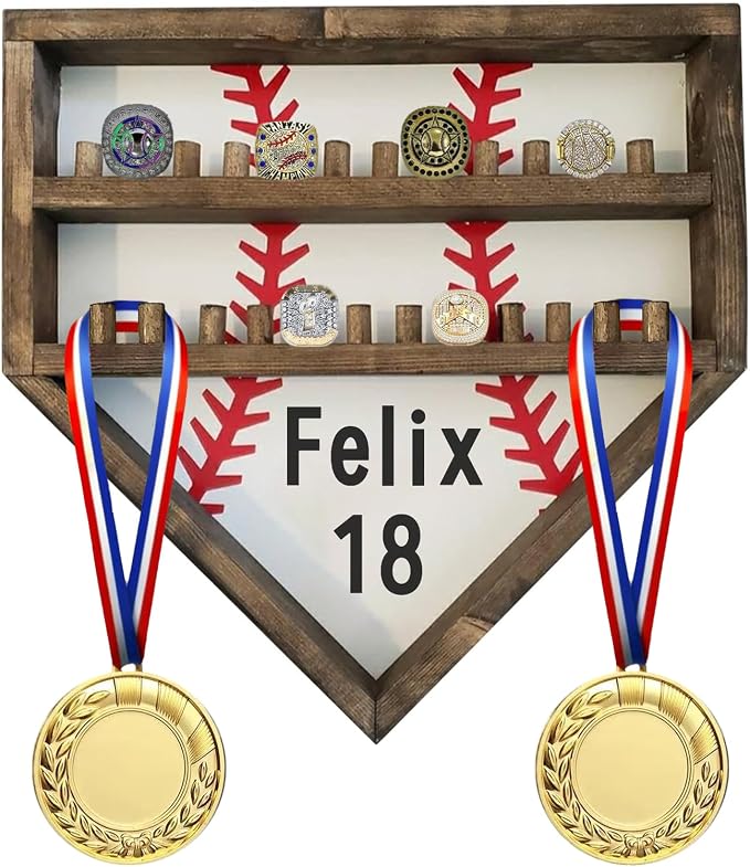 Personalized Baseball Softball Championship Ring Holder Display Case, Custom Name Number Sports Ring Display Case Wooden,24 Ring Posts,Trophy & Medal Gift Display Case for Men Dad(White)