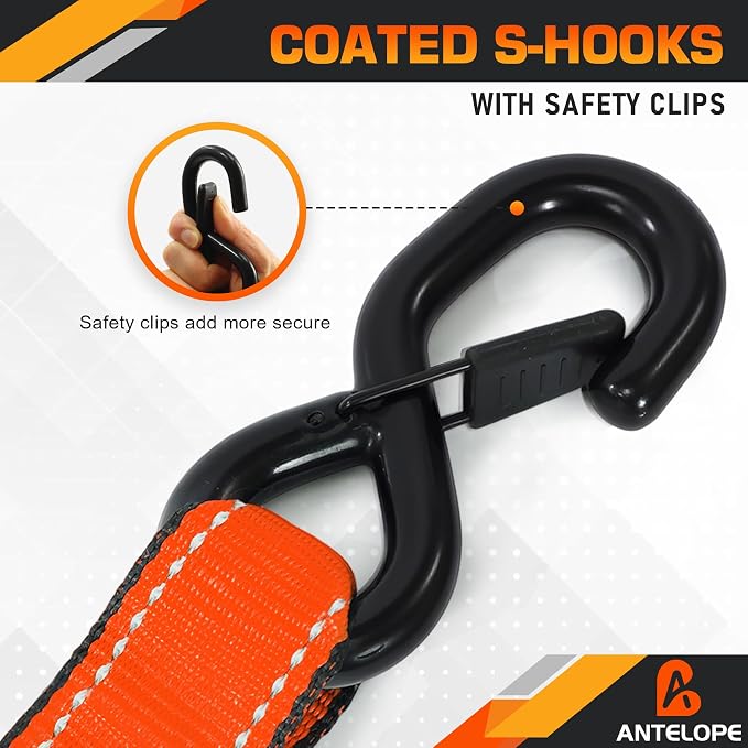 Ratchet Tie Down Straps Set, 5250 LBS Breaking Strength, 4 Pack 1.5" x 15' Heavy Duty Ratchet Straps, Cargo Strap, Motorcycle Straps for Trucks, Bicycle, Kayak, Moving, Tie Downs with S Hooks, Orange