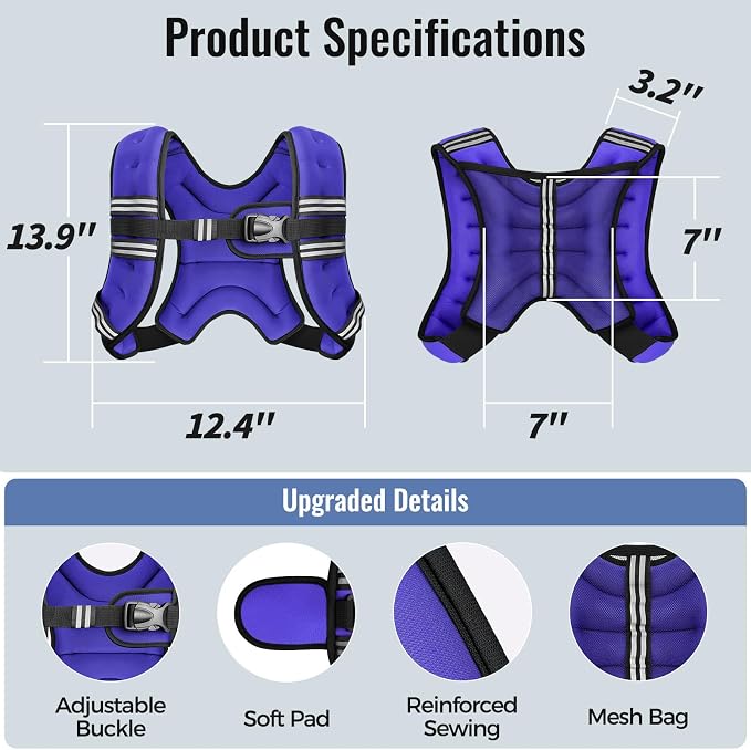 Zeerun Weighted Vest, 6lb/8lb/10lb/12lb/15lb/18lb/20lb/24lb/30lb for Men Women, Reflective Stripe Adjustable Buckle, Comfortable Durable Rucking Vest for Walking Running Strength Training