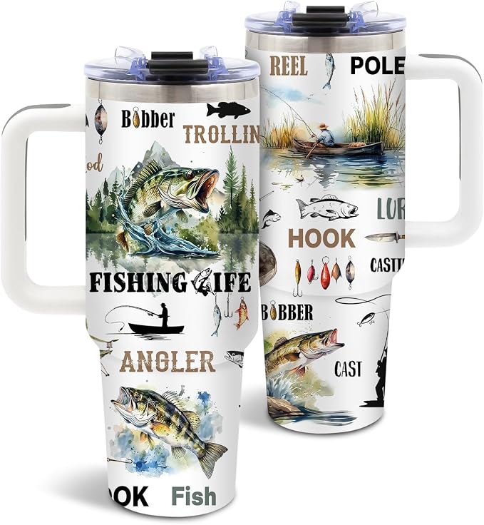 DUUV Fishing Tumbler 40oz, Insulated Fish Cup Gift for Dad Boy Man | Just a Who Loves Fishing Tumbler Leakproof, Fish Print Water Bottle, Birthday Fathers Day Ideal Gift for Fisherman, 1 Pack