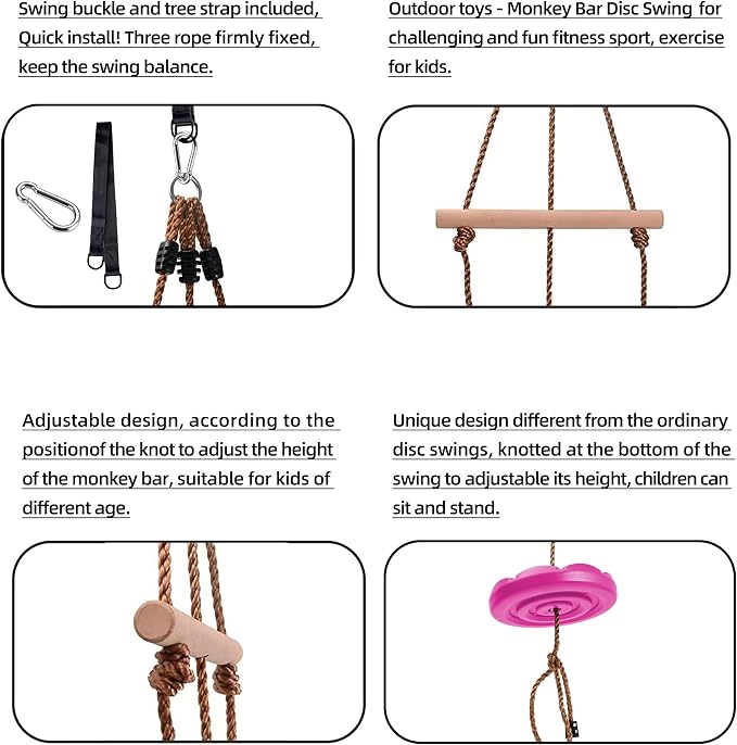 KINSPORY Disc Swing for Kids, Swing Set Accessories, 7FT Height Adjustable Gym Monkey Bars, Hanging Tree Seat for Backyard, Outdoor Play Equipment (Rose Pink)