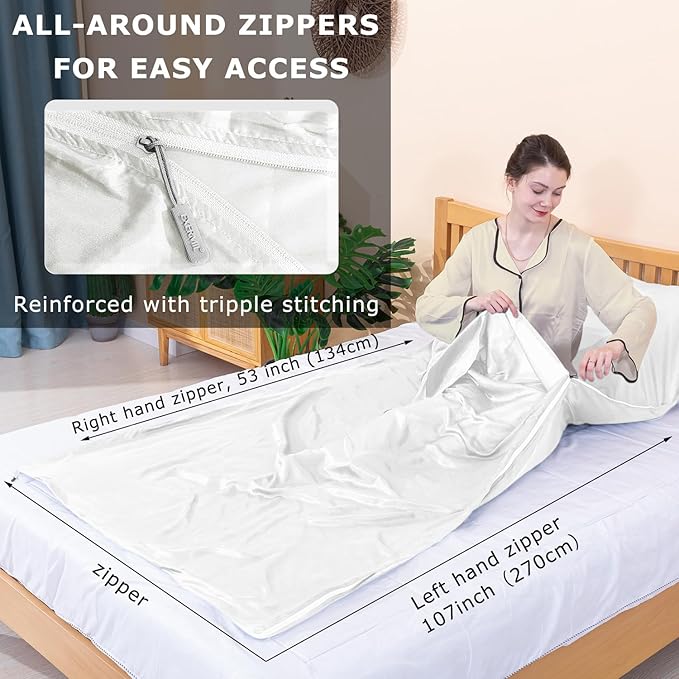 100% Silk Sleep Sack with Zippers on 3 Sides, 87”x43” Large Sleeping Liners for Hotels, Travel & Camping, Multifunctional Travel Sheets (Unzipped:87”x87”) for Adults, Lightweight, All Seasons