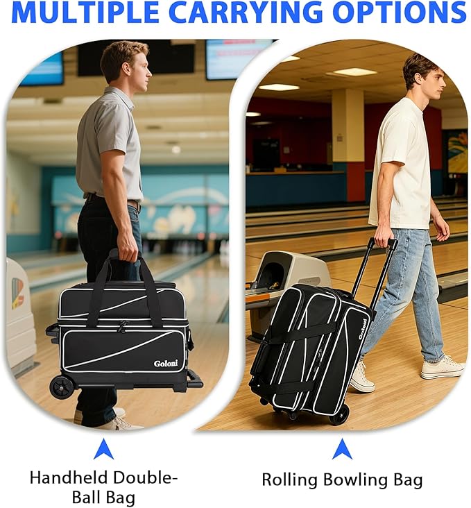 Goloni 3 Ball Bowling Bag with Wheels, 2+1 Double Roller Bowling Bag with Shoe Compartment,Tote Bag for Bowling Accessories