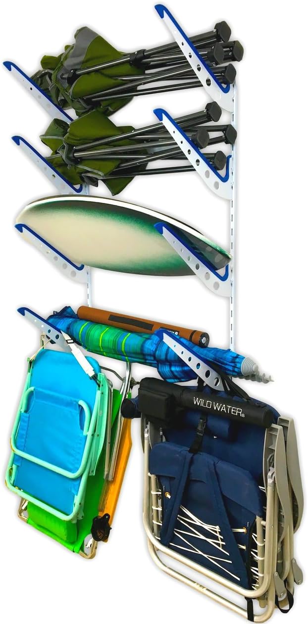 StoreYourBoard Beach Chair Storage Rack for Garage, Umbrella Wall Rack, Surfboard Rack for Wall, Wakeboard Rack, Snowboard Wall Mount, Paddle Board Storage Rack, 4-Level Board Hanger, 100 lb, White