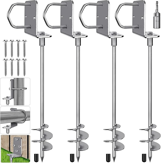 Insaga 18''/24''/30'' Ground Anchors Screw in Earth Anchor Solid Steel with L Bracket for Trampoline Mobile Home Swing Set Shed Carport Tent Stakes, Wider Helix Blade & Chrome Plated Finish, 2/4/6Pcs