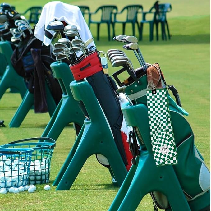 Against The Grain Microfiber Golf Towel with Clip - (12"x20") Green & White Checkered Design Golf Club Towel, Golf Towels for Golf Bags for Men & Women