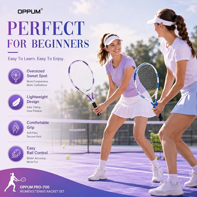 2-Pack Adult Tennis Rackets, 105 Sq Inch Oversized Head Pre-Strung for Beginners and Intermediate, Arm Friendly Vibration Control Set with Bag and Balls