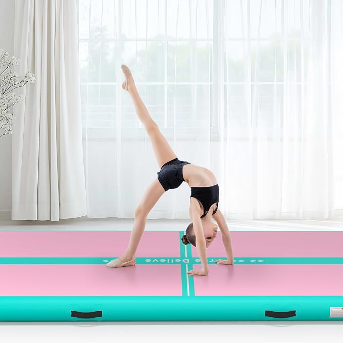 Pink Gymnastics Mat Inflatable Tumble Track Mats 10/13/16/20ft Training Mats for Home Air Mat for Kids with Pump 4”/6” Thick for Cheerleading/Yoga/Exercise/Parkour/Beach/Park/Water