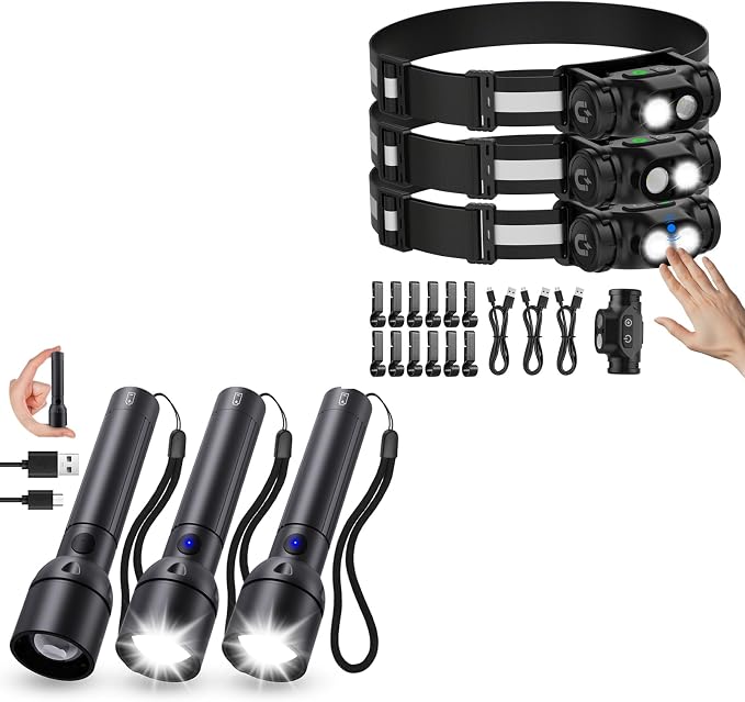 5066 Motion Sensor Detachable Head lamp with Magnet & K2503 3Packs Flashlight High Lumens with 12H Long Life