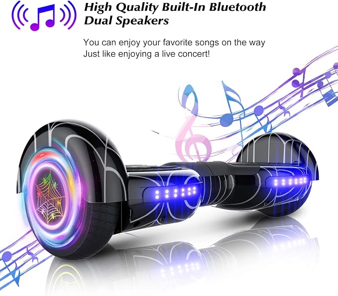 Spider-Pattern Hoverboard for Kids Ages 6-12, with Bluetooth Speaker and LED Lights 6.5" Hover Board, UL2272 Safety Certified (Black)