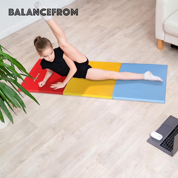 BalanceFrom 6x2 Feet 3-Panel Folding Gymnastics Mat – 2-Inch Thick Pad with Vinyl Surface and Carrying Handles for Tumbling, Yoga, Pilates, Home Workouts, and Martial Arts