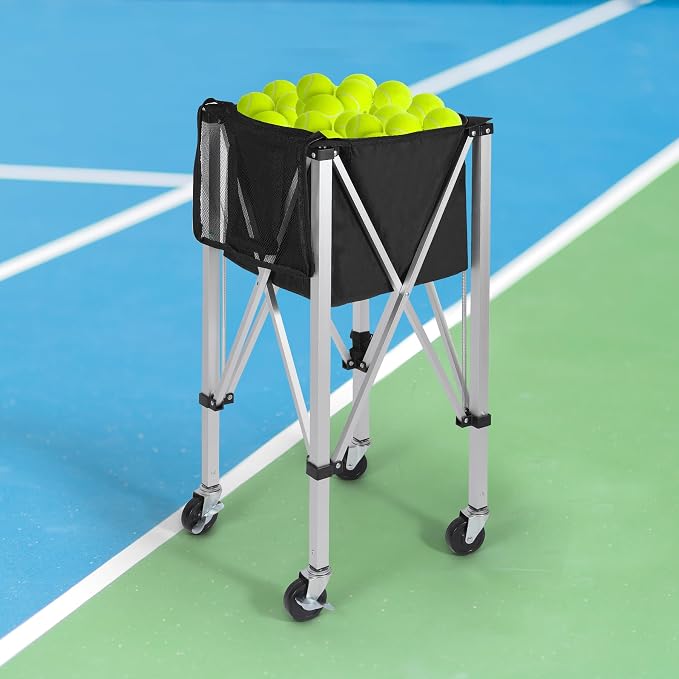 Portable Tennis Ball Hopper Holds 180 Balls, Tennis Ball Basket Cart with 4 Wheels & Brakes, Detachable Oxford Fabric Bag for Tennis and Pickleball Training, Black
