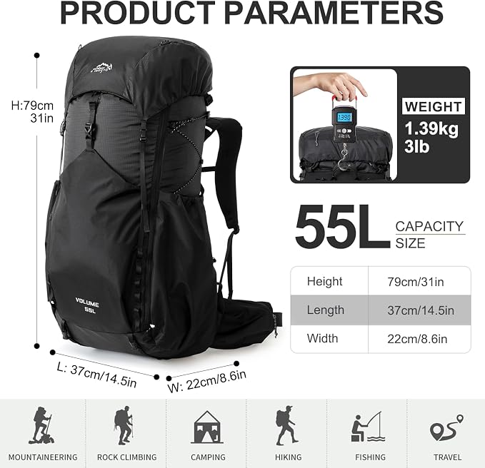 IX INOXTO 55L Internal Frame Waterproof Hiking Camping Backpack with 3L Water Bladder and Rain Cover, Large Lightweight Travel Daypack Rucksack for Climbing (Black)