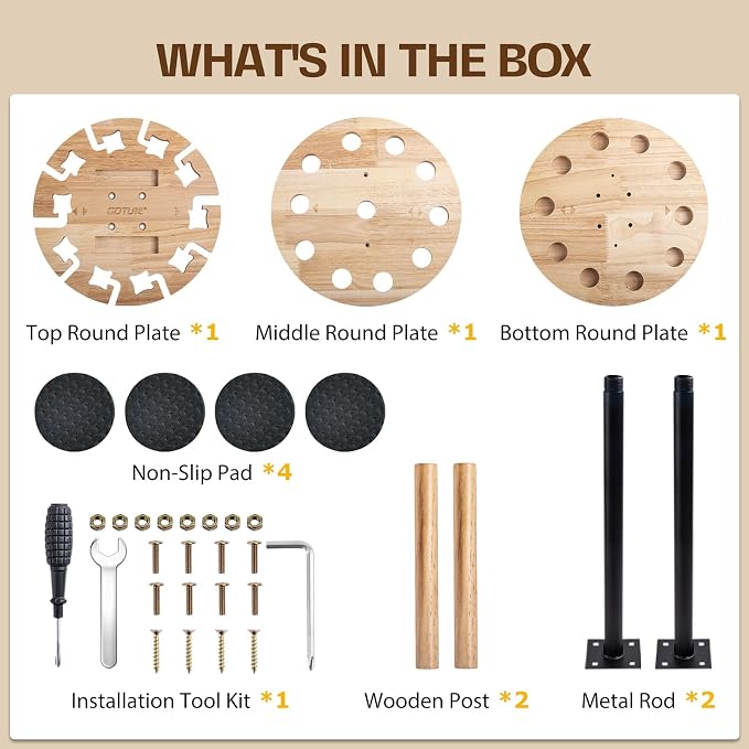 Goture Round Fishing Rod Holders for Garage, Floor Stand Holds up to 10 Rods, 2 Built-in Grooves, Solid Rubber Wood Fishing Gear Equipment Storage Organizer, Ideal Fishing Gift for Men Women