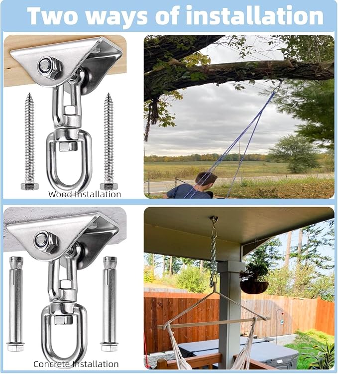 Swing Hanger for Wooden & Concrete Swing Set, 2000LB Capacity Hammock Hanger 360°Rotate Stainless Steel Swing Hammock Hanging Kit Hardware, Heavy Duty Swing Brackets for Porch Playground Yoga-2 Packs
