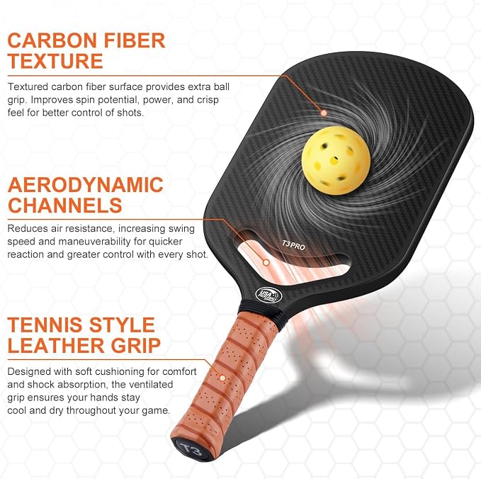 Carbon Fiber Pickleball Paddle with Aero Throat, USAPA Approved Pickleball Racket for Control, Polymer Honeycomb Core, Textured Carbon Grit Surface, 16mm Pickleball Paddles