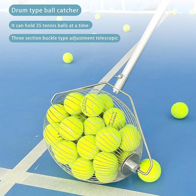 ODISON Tennis Ball Picker, 35+ Balls Capacity Ball Collector with Adjustable Handle, Lightweight Ball Retriever for Tennis, Padel, Baseball, Suitable for All Courts and Ages