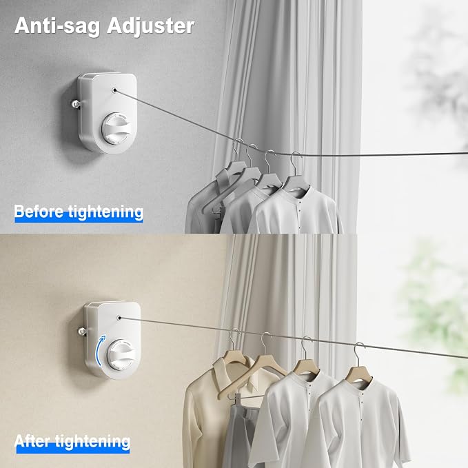 Mustorn Retractable Clothesline Indoor, Non-Sagging Outdoor Clothes Line Retracting Heavy Duty Clothes Drying Laundry Line Wall Mounted Stainless Steel Line-13.8 Feets (Single Line-White)