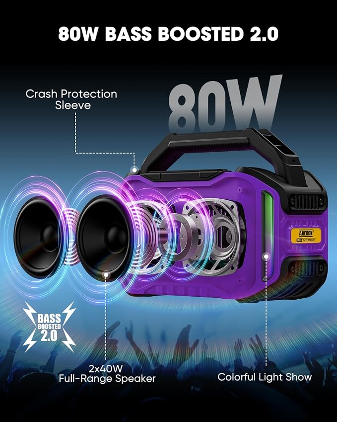 ANCOON Speakers Bluetooth Wireless: 80W(Peak) Loud Speaker with Bass, 20H Playtime, IPX6 Waterproof, Large Jobsite Speakers for Work, Outdoor, Workshop, Garage, Portable Speaker with TWS (Purple)