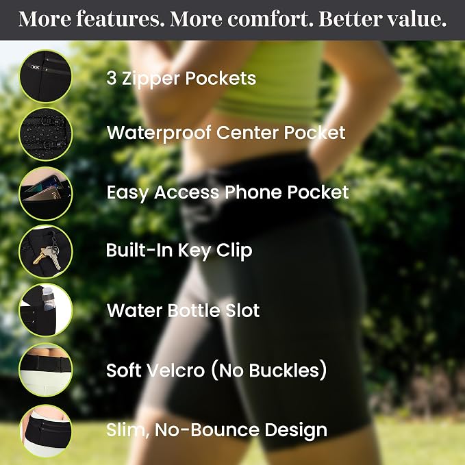 StashBandz Adjustable Running Belt and Travel Money Belt - 3 Large Zippered Pockets + Water Bottle Holder, No-Bounce Fanny Pack with Key Clip, Fits Any Size Phone, Passport & More, Black, X-large