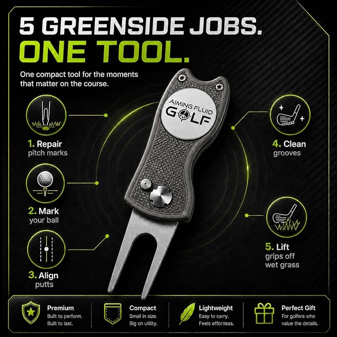 Golf Divot Repair Tool — 5-in-1 Golfing Ball Marker, Pitch Mark Repair, Putting Alignment, Club Tee, and Groove Cleaner, Accessory Metal Switchblade Design - Ideal Gift for Golfers