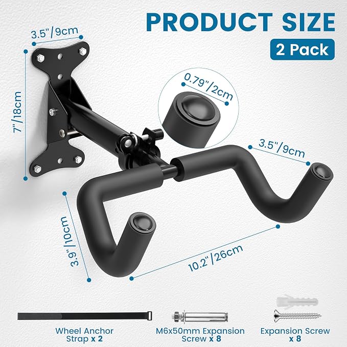 Housolution Bike Wall Mount - [2 Pack] EVA Foam Padded up to 48.5 lbs, Carbon Steel, Valve Mechanism, Heavy-Duty Adjustable Bike Wall Hanger for Road, Mountain and Hybrid Bikes, Garage & Apartment