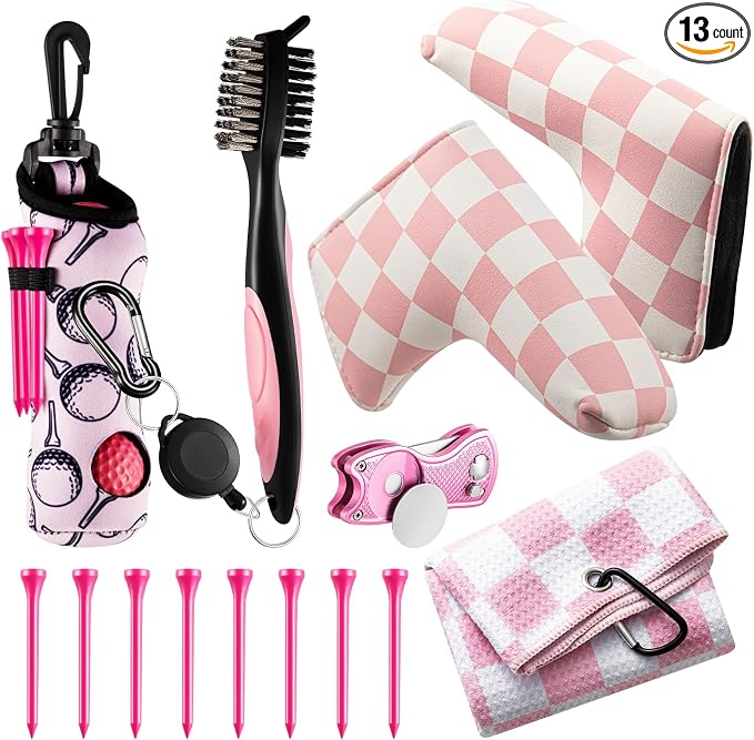 13 Pcs Pink Golf Accessories Kit, Checkered PU Leather Blade Putter Headcover, Water-Resistant & Easy-to-Clean, Magnetic Ball Marker, Tees, Divot Tool, Towel & Brush, Gift for Women Girls