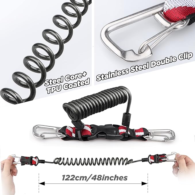 Scuba Retractable Lanyard, Stainless Steel Double-Clips and Spiral Core Anti-Lost Lanyard with Quick-Release Buckle