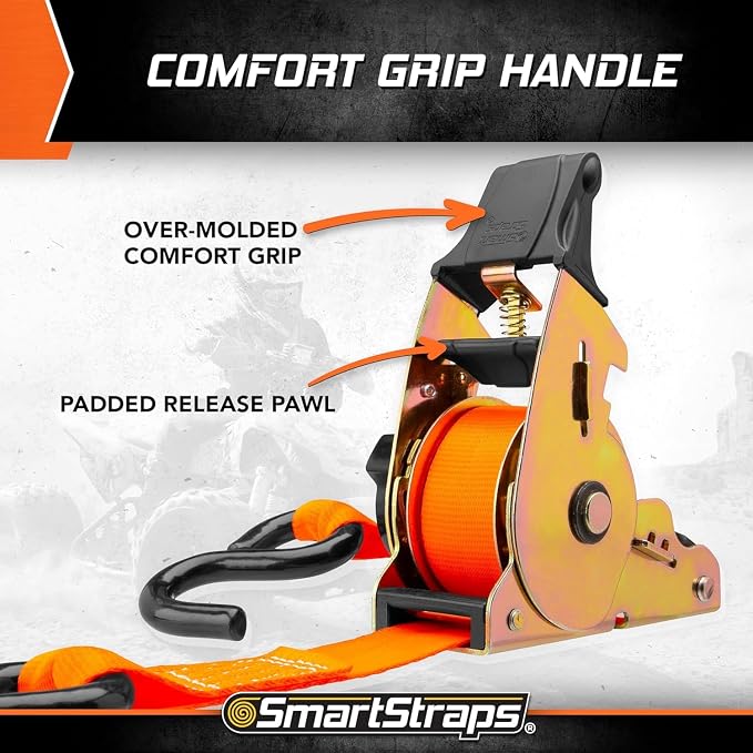 SMARTSTRAPS 10’ Retractable Ratchet Straps, 2 Pack – 3,000lb Break Strength, 1,000lb Safe Work Load — Haul Motorcycles, Boats, and Appliances with Patented Technology Heavy Duty Ratchet Straps