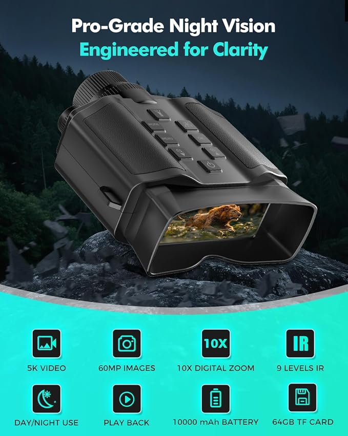 4K Night Vision Goggles for Adults, 3.99" HD Screen, 10000mAh Rechargeable Night Vision Binoculars with 64GB TF Card for Hunting Camping Surveillance