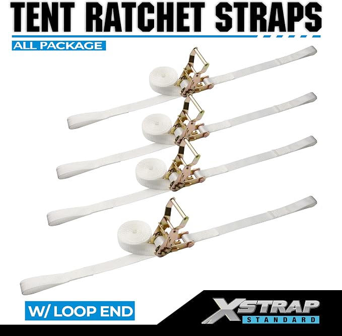 XSTRAP Standard 4PK 1" Ratchet Tent Straps with Loop End - Heavy Duty 2500lbs Breaking Strength, Secure Tents & Canopies for Camping/Events, 12ft Tie Down Straps, Durable Polyester Webbing