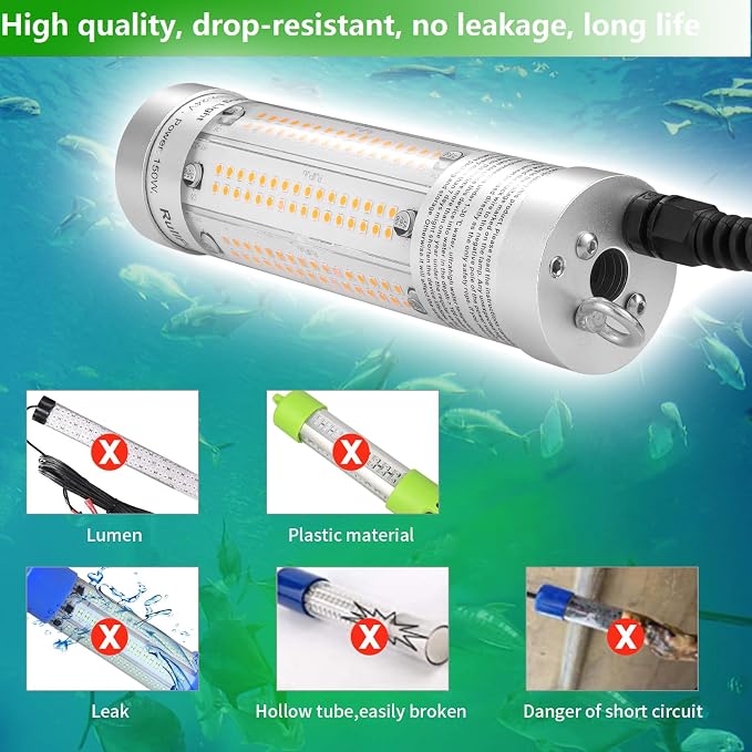 150W 20900lm Underwater Fishing Light, IP68 Waterproof Aluminum Super Bright Night Fish Attracting Submersible LED Lamp Lure Bait Finder for Freshwater Saltwater Sea Kayak Ice Dock (Yellow)