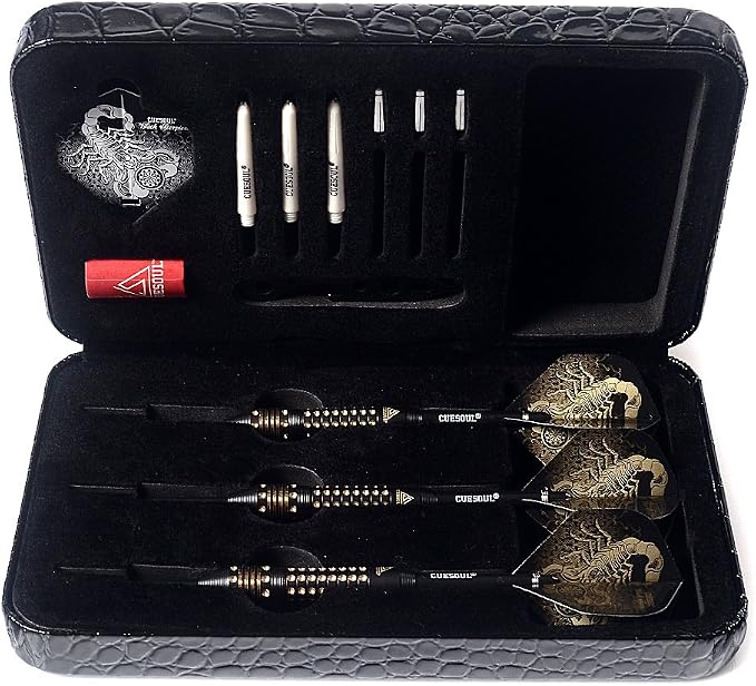 CUESOUL Steel Tip Darts Set 20/22/24 Grams with Deluxe PU Darts case-Black Scorpion Series