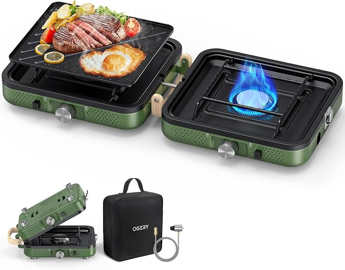 OGERY 2-Burner Foldable Camping Stove with Griddle (Textured & Smooth) and Carrying Bag, Portable Propane Camp Stove with 2 Adjustable Burners & Piezo Ignition, for Camping Tailgating Essentials Gear