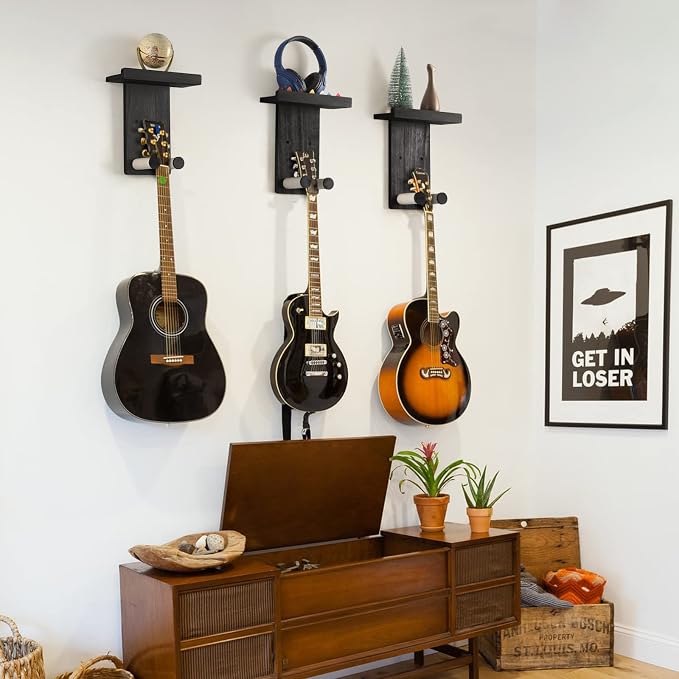 Keebofly Guitar Wall Mount 3-Pack - Rustic Wood Guitar Hanger with Pick Holder for Acoustic, Electric, Bass Guitars & Ukulele (Matte Black, Screw-Mounted) [Patented]