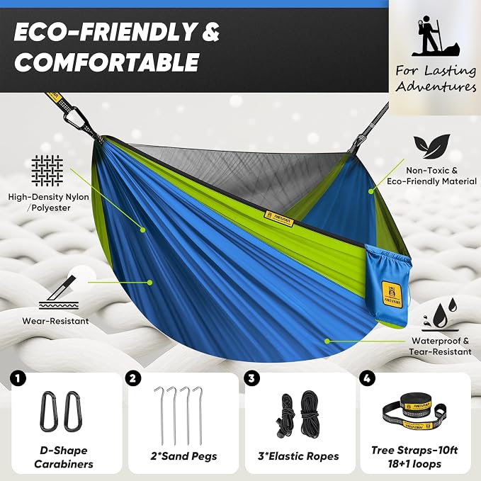 Kids Camping Hammock with Mosquito Net, 450 lbs Portable Hammock with Tree Straps, 2-in-1 Double/Single Travel Hammocks for Children, Hammock for Outside/Indoor/Backpacking/Beach - Lake Blue & Green