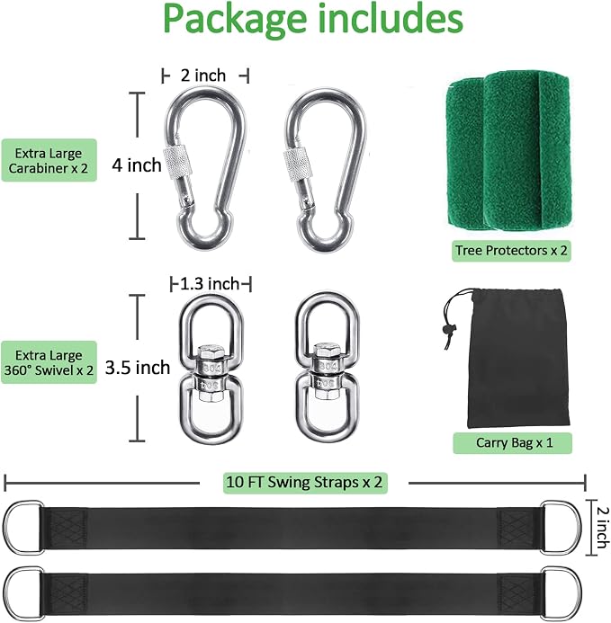 Extra Long Tree Swing Straps, 3FT/10FT/20FT/30FT Tree Swing Hanging Straps Kit Holds 5000 lbs with Tree Protector, Heavy Duty Carabiner and Swivel Perfect for Swings & Hammocks (10 FT)