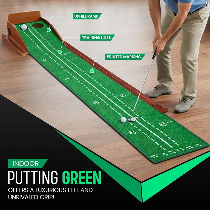 Premium Wood Golf Putting Green Indoor- 10-11 Stimp Speed True Roll Mat-Auto Ball Return, Dual Precision Holes, Alignment Mirror & 2 Balls-Professional Indoor Putting Trainer for Home & Office