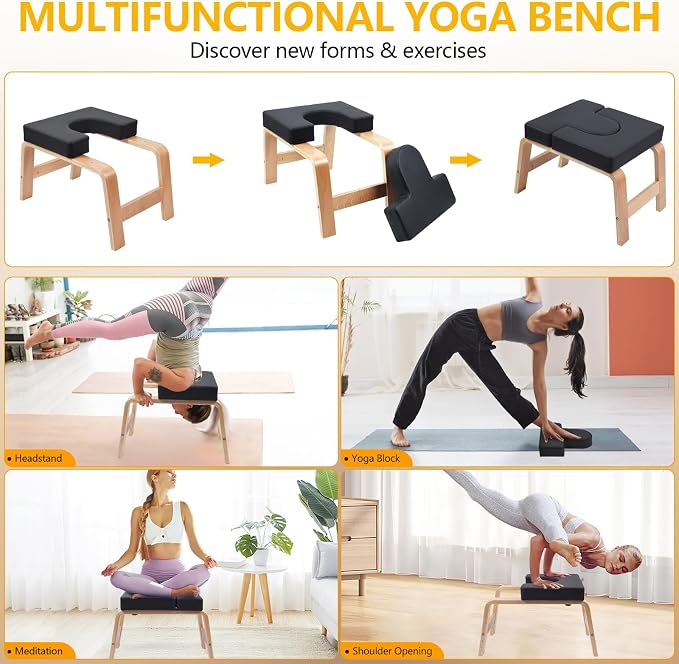 Yoga Headstand Bench, Yoga Inversion Chair, Headstand Trainer with Wood Frame and Pu Pad,Stand Yoga Chair Stress Relief, Balance Training, Body Shaping, Load Capacity 300 Pounds
