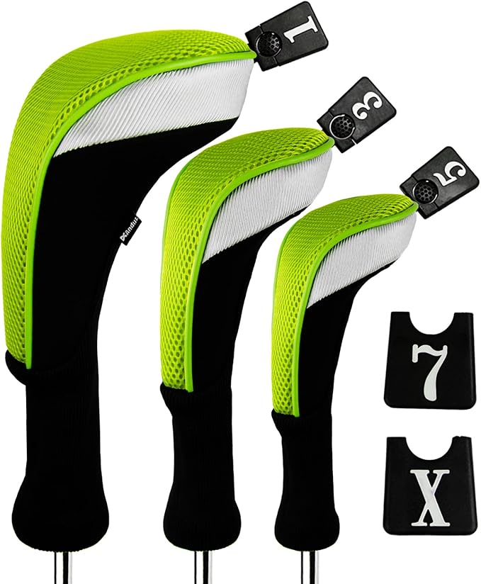 Andux 3pcs/Set Golf 460cc Driver Wood Club Head Covers Long Neck | for Driver Fairway Wood with Interchangeable No. Tags Mesh Breathable material Coloured Piping Pull-On Closure