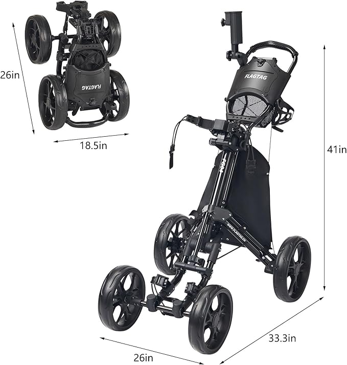 FLAGTAG Golf Push Cart 4-Wheels,Folding Golf Cart, Golf Pull cart with Cup Holder,Umbrella Holder,Cooler Bag, Foldable with one-Click,Handle Height Adjustable,Drink Holder,Walking Push cart